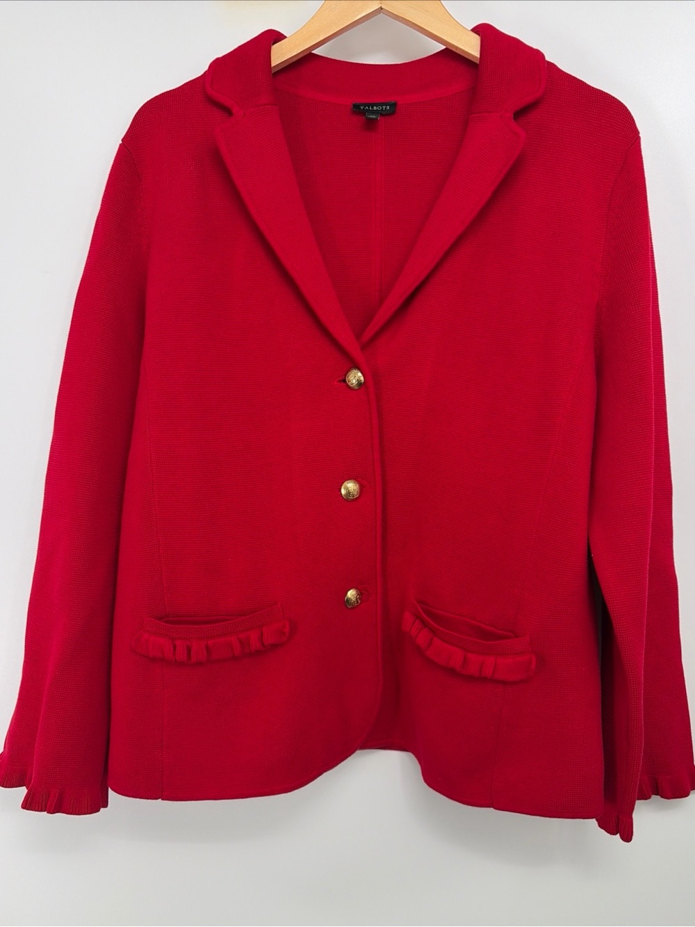 Talbots XL Red Ruffle-Trim Knit Blazer Jacket with gold buttons NWOT